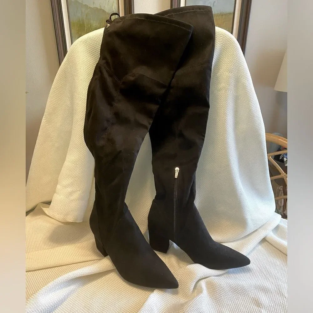 NWOT Marc fisher black faux suede block heel over the knee fabric boots size 12